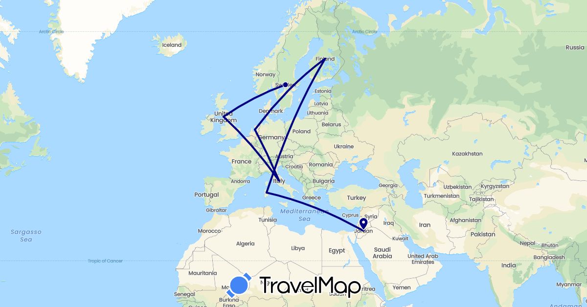 TravelMap itinerary: driving in Finland, United Kingdom, Italy, Jordan, Netherlands, Sweden (Asia, Europe)